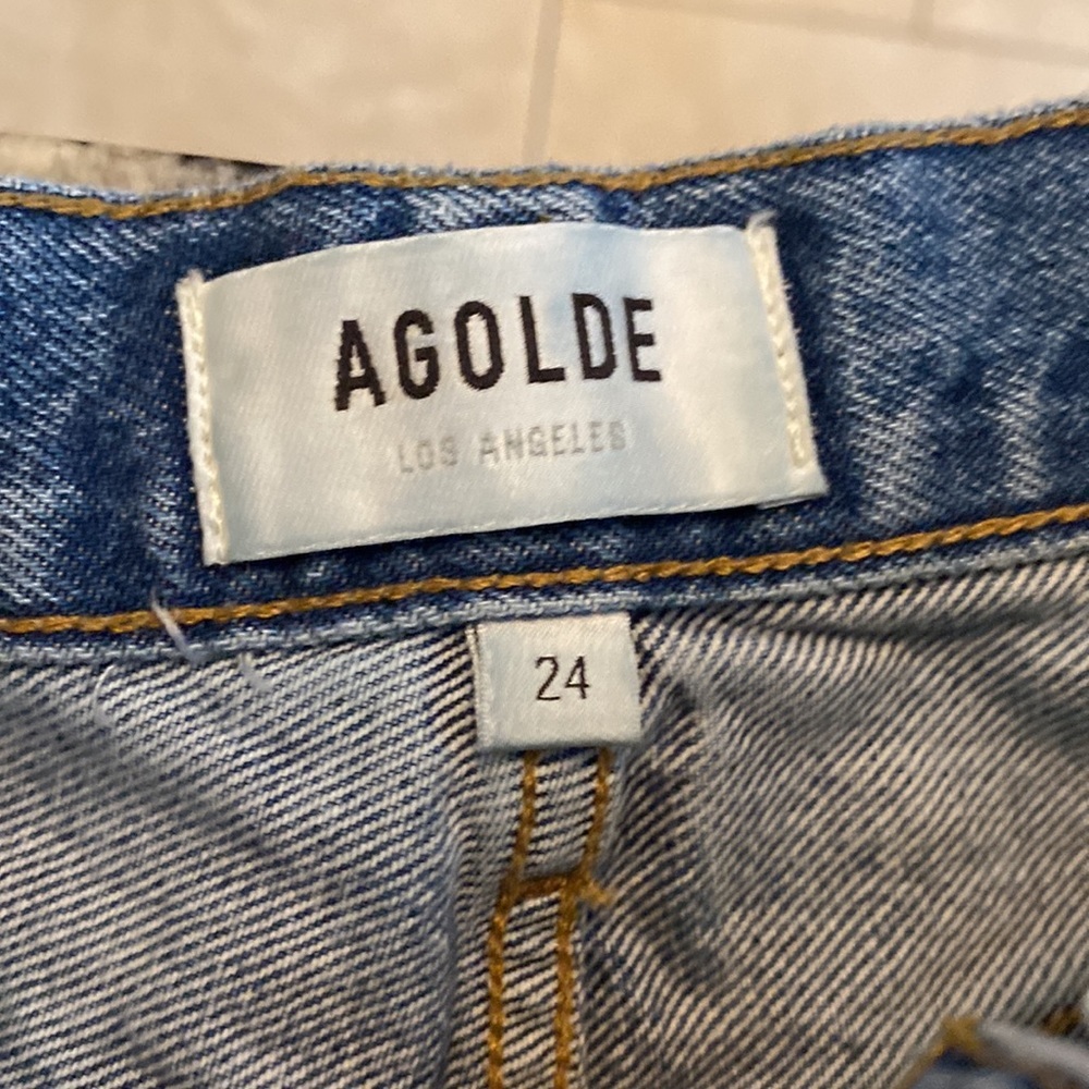 Agolde Riley Long High Rise Button Fly Distressed Hem Straight Leg Jeans 24 - Picture 11 of 16